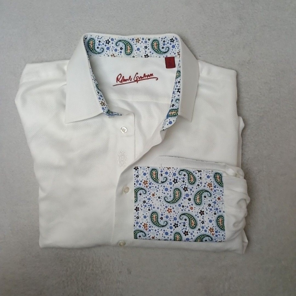 Robert Graham Shirt Men 16 White Button-Up Paisley Trim Long Sleeve French Cuff